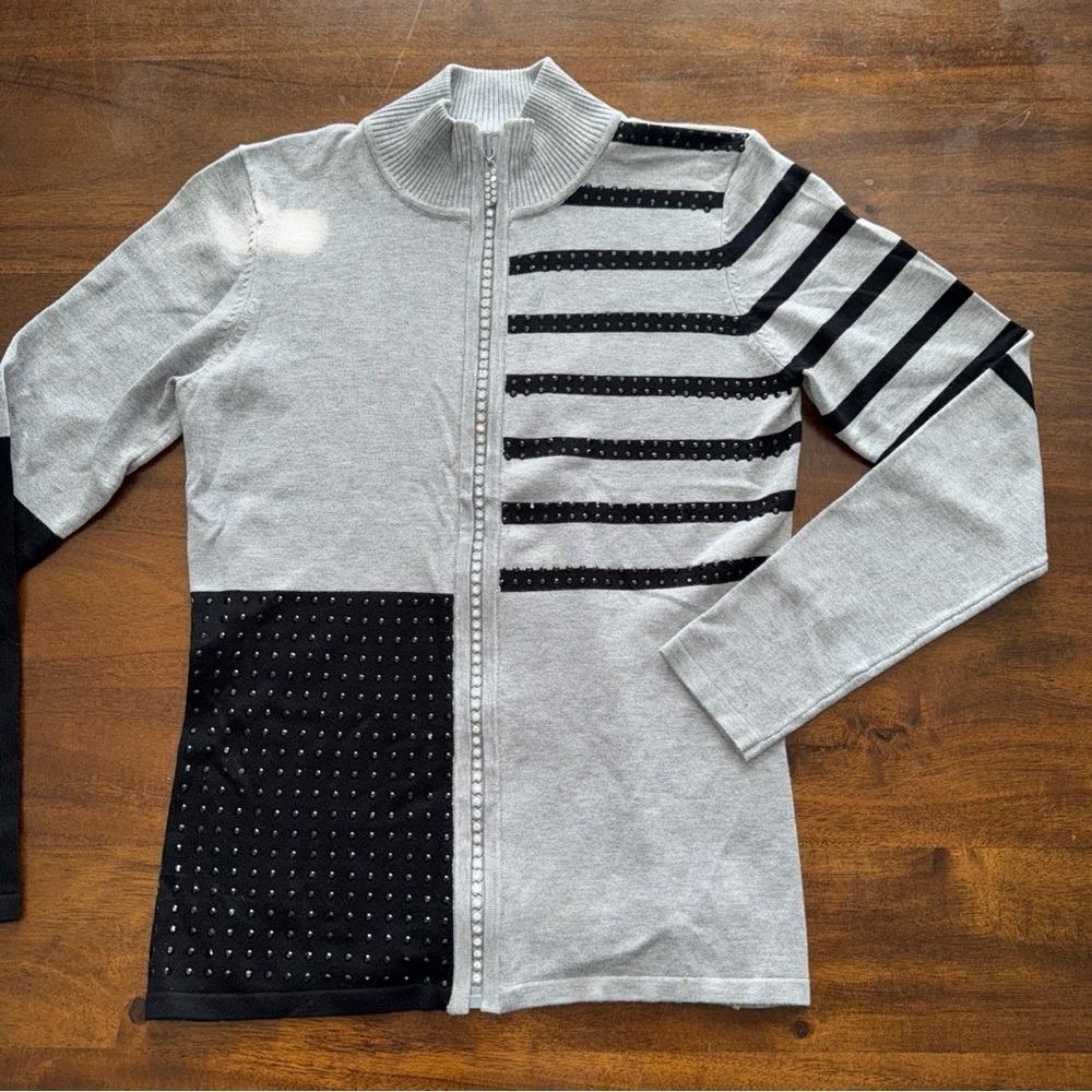 Belldini Black and Gray Stripe Zip Up Mock Neck Knit Sweater Petite Small PS